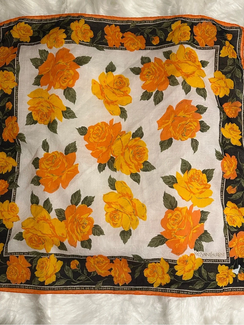 Yves Saint Laurent Floral Cotton Square Scarf Orange Yellow Roses 19” - Picture 7 of 7